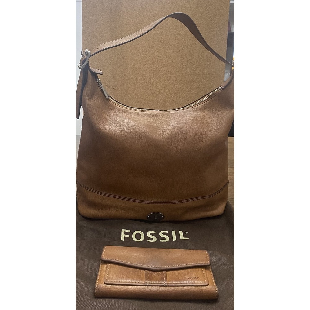 Fossil Brown Leather Hobo Shoulder Bag W Matching Wallet & Dust Bag